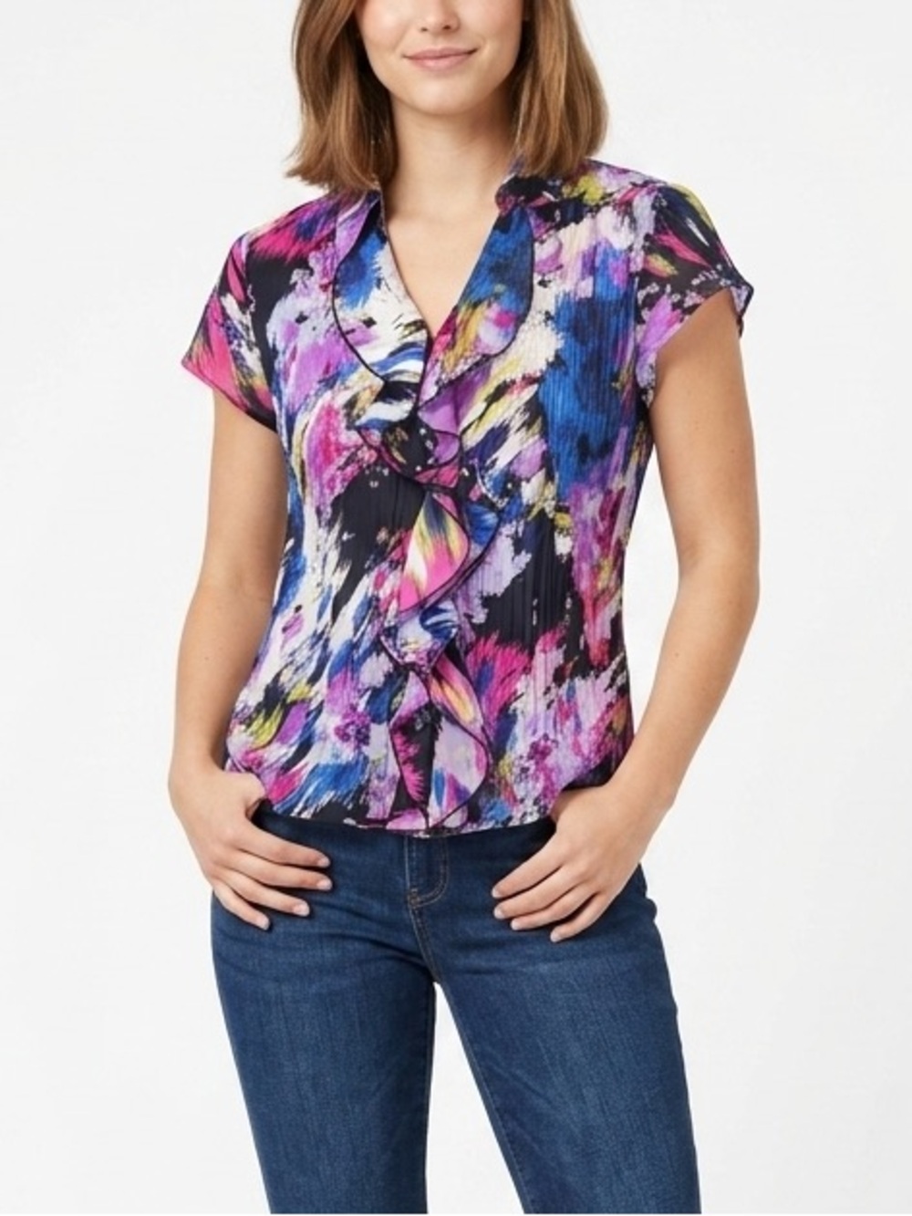 Style & Co. Petite Abstract Ruffle Front Crinkle Blouse 4P Multicolor